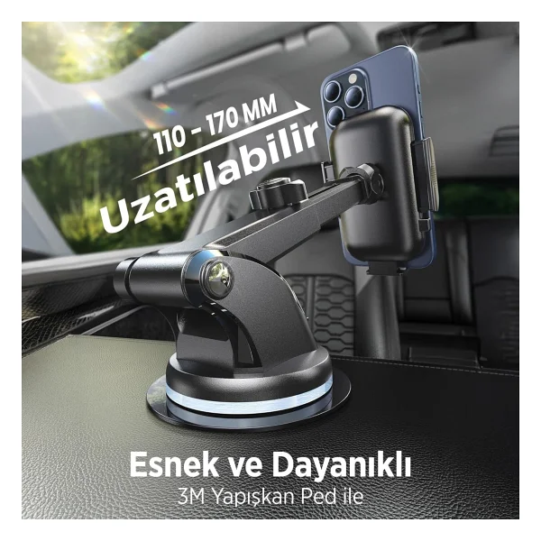 KingMa Vantuzlu Uzayan Cam ve Torpido için Ayarlanabilir Araç içi Telefon Tutucu - Görsel 3