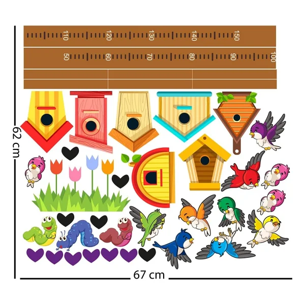 Tilki Dünyası Sevimli Kuş Evleri Boy Cetveli Çocuk Odası Sticker - Görsel 2