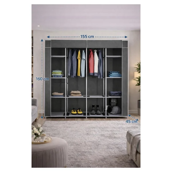 Reyo Teknor Metal Çift Askılı Bez Dolap Gri 155x160x45 cm - Geniş Hacimli Portatif Gardırop, Raflı Kumaş Dolap, Fermuarlı Elbise Düzenleyici - Görsel 3