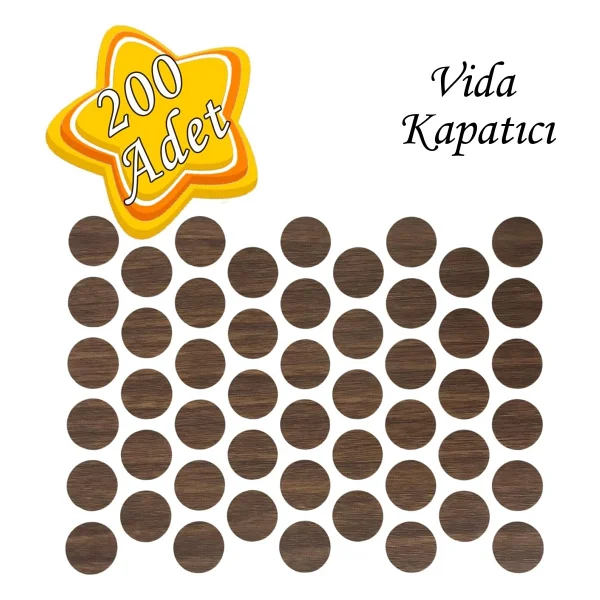200 Adet Ceviz Vida Kapatici Ahsap Desenli Yapiskanli Vida Tapasi Tipasi Kapagi Vida Gizleyici - Görsel 2