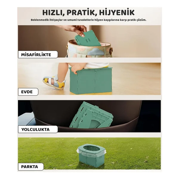 Guqqo Portatif Seyahat Tipi Katlanabilir Lazımlık, Taşınabilir Çocuk Tuvaleti 327 g Yeşil Polipropilen Malzeme - Görsel 6