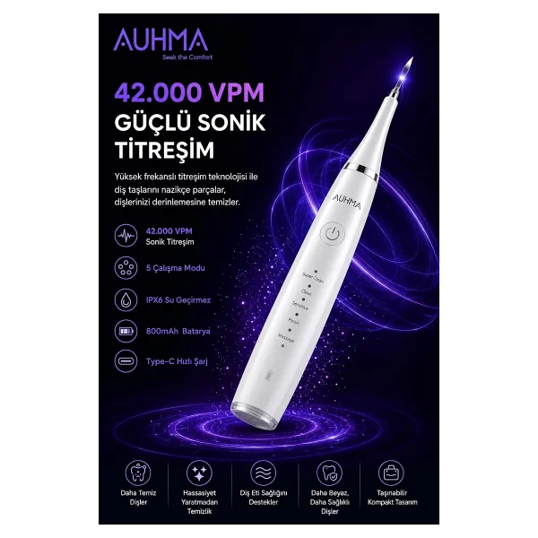 Ultrasonic Şarjlı Elektrikli Akıllı Diş Temizleme Cihazı Beyazlatıcı 5 Mod 3+1 Başlık, Ipx8 Su Geçirmez Beyaz - Görsel 4