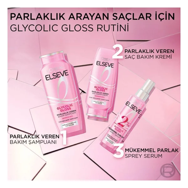 ELSEVE Glycolic Gloss Parlaklık Veren Saç Bakım Rutini Seti: Şampuan, Saç Kremi, Bakım Spreyi - Görsel 9