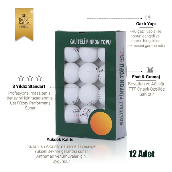 Hsport 3 Yıldız Masa Tenisi Topu +40 Gazlı Yapı Sekme Garantili Profesyonel Pinpon Ping Pong Top 12 Adet (Beyaz) - Görsel 2