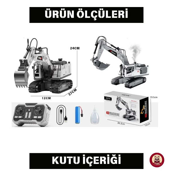 Oyuncak Uzaktan Kumandalı Şarjlı Buharlı Ekskavatör 3 Başlıklı LED Işıklı Sesli 360° Dönen Paletli İş Makinesi - Görsel 7
