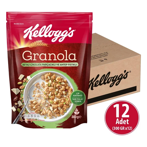 KELLOGG'S Granola Beyaz Çikolatali & Antep Fıstıklı 300 gr x 12 Adet,%46 Yulaf, Lif Kaynağı, Antioksidan İçerir, Kahvaltılık Gevrek, Müsli - Görsel 2