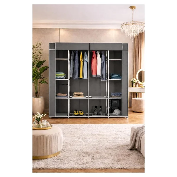 Reyo Teknor Metal Çift Askılı Bez Dolap Gri 155x160x45 cm - Geniş Hacimli Portatif Gardırop, Raflı Kumaş Dolap, Fermuarlı Elbise Düzenleyici - Görsel 2