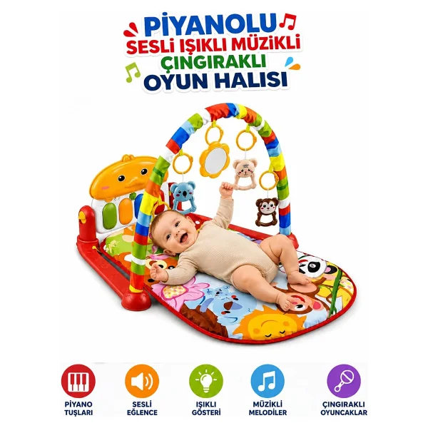 Oyuncak Piyanolu Sesli Işıklı Müzikli Çıngıraklı Bebek Oyun Halısı Aynalı Aktivite Halısı 0-6 Ay ve 6+ Ay Gelişim Oyuncağı Matlı - Görsel 2