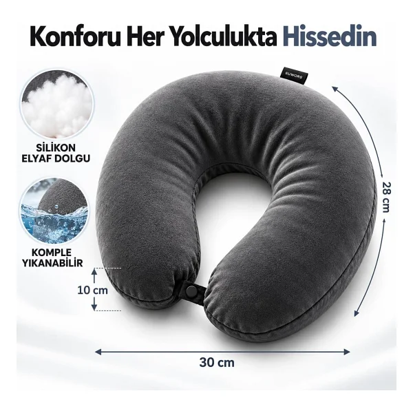SUWORS Ergonomik Boyun ve Seyahat Yastığı - Yumuşak Silikon Dolgulu, Çıtçıtlı ve Yıkanabilir U Yastık - Uçak, Araba, Otobüs, Ofis ve Uzun Yolculuklar İçin Konforlu Boyun Desteği - Görsel 2