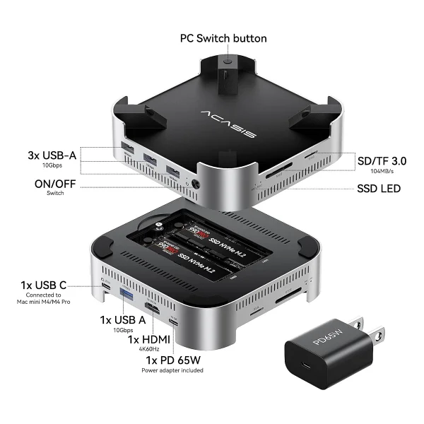 ACASIS Mac mini M4 Dock & Stand, Dual-Bay NVMe SSD Muhafaza ile, Mac mini M4 ve M4 Pro 2024 için Alüminyum HDMI Hub, 4K60Hz HDMI, 4 X 10G USB A, PD 30W, SD/TF, Destek SSD B+M M-Key - Görsel 2