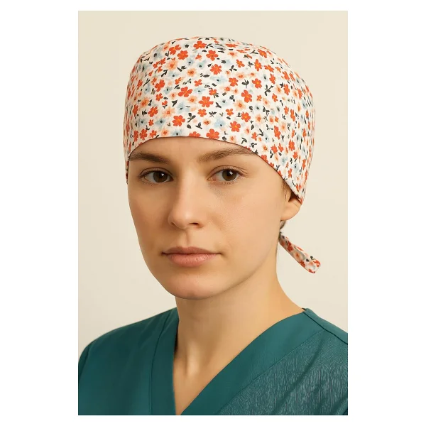 Okanmed Kırmızı Çiçekli Doktor Hemşire Aşçı Cerrahi Bone Hastane Bone Bandana M454 - Görsel 3