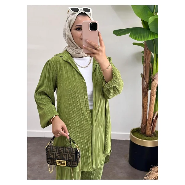 Kadın Pileli Saten Gömlekli İkili Alt Üst Takım,Tesettür Giyim - Bej Asel-F3103 / L/XL - Görsel 3
