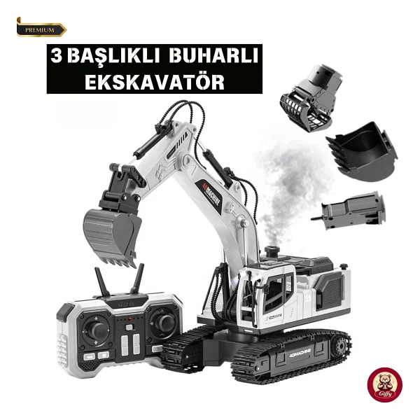Oyuncak Uzaktan Kumandalı Şarjlı Buharlı Ekskavatör 3 Başlıklı LED Işıklı Sesli 360° Dönen Paletli İş Makinesi - Görsel 4