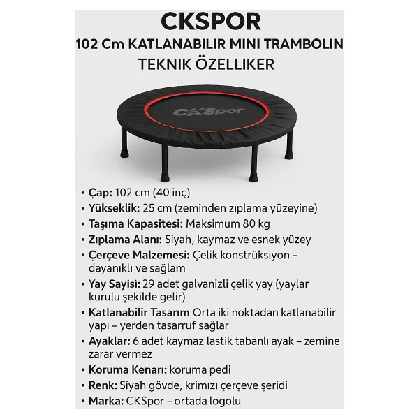 Slipt 102 cm (40 inç) Katlanabilir Trambolin - Taşınabilir ve Dayanıklı Trambolin, Egzersiz ve Fitness (Kırmızı) - Görsel 3
