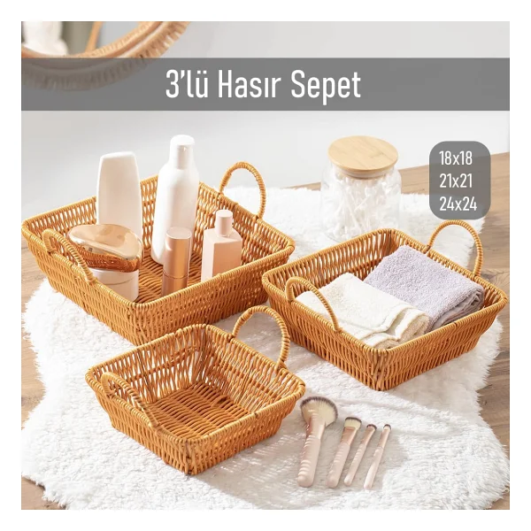 Porsima 303-D Kare 3'lü Dekoratif Ev Düzenleyici Kendinden Kulplu Hasır Seti Banyo Düzenleyici Sepet - Görsel 2