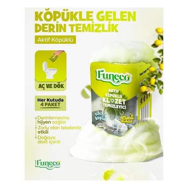 FUNECO Klozet Tuvalet WC Temizleyici, 1 Kutuda 4 Paket (300g), Aktif Köpüklü, Doğa Dostu, Limon - Görsel 2