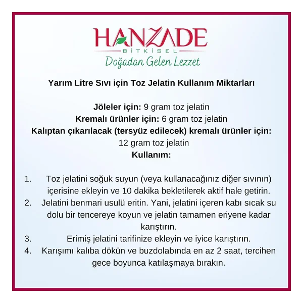 Hanzade Bitkisel Toz Jelatin 500 Gr%100 Saf Sığır Jelatini 240 Bloom Helal Sertifikalı - Görsel 2