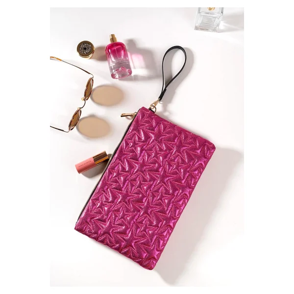 Ecrou Yıldız Desenli Fuşya Parlak Portföy & Clutch Çanta Çıkarılabilir Bileklik Askılı 30 x 19 cm - Görsel 3