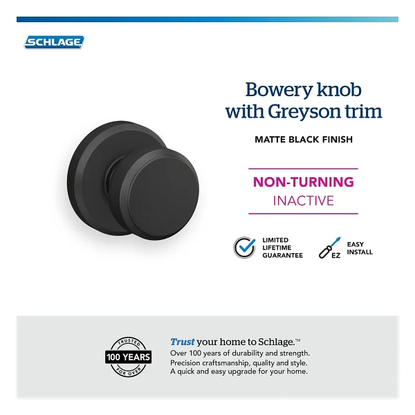 Schlage F170 BWE 622 GSN Bowery Kapı Tokmağı Greyson Trim, Tek Taraflı Dönmeyen Kukla Kapı Kolu, Mat Siyah - Görsel 3