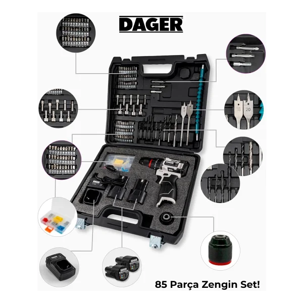 Dager BOLT 16.8V Kömürsüz Darbeli Şarjlı Matkap Vidalama Seti 60Nm Çift Akü + 85 Parça Aksesuar + Hızlı Şarj Gri - Görsel 8