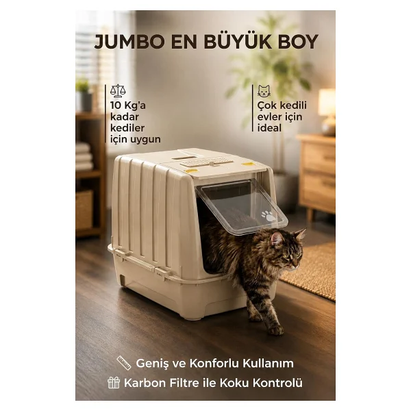 Jumbo Dev Büyük Boy Kapalı Kedi Tuvaleti, Filtreli ve Kürek Hediyeli, 67,5x47x51 cm - VN11095 - Görsel 2