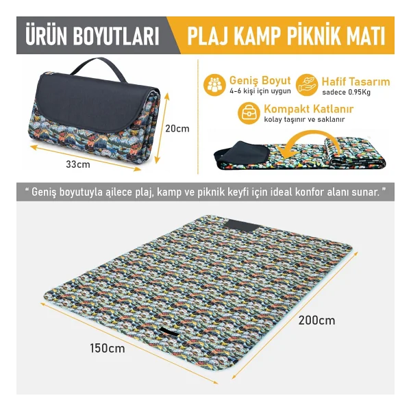 Haegs Piknik Örtüsü, Çanta Kamp Matı, Plaj Matı, Piknik Yer Örtüsü, Seyahat, Kamp, Outdoor, Park Çim Kum Tutmaz, Su Geçirmez, Kullanışlı Çanta Model, Katlanabilir 200x150cm - Adventure - Görsel 3