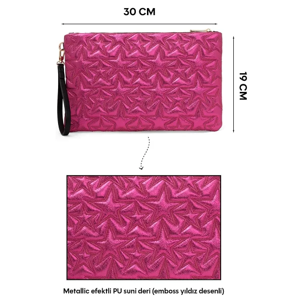 Ecrou Yıldız Desenli Fuşya Parlak Portföy & Clutch Çanta Çıkarılabilir Bileklik Askılı 30 x 19 cm - Görsel 5