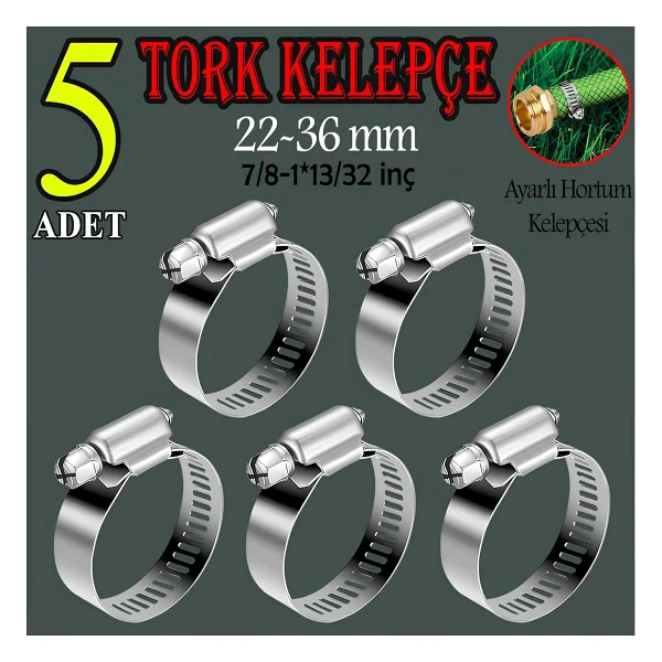 Hortum Kelepçesi Tork Ayarlı 22X36 Mm Paslanmaz Çelik Boru Metal Kelepçe Ayarlanabilir Klips 5 Adet - Görsel 8
