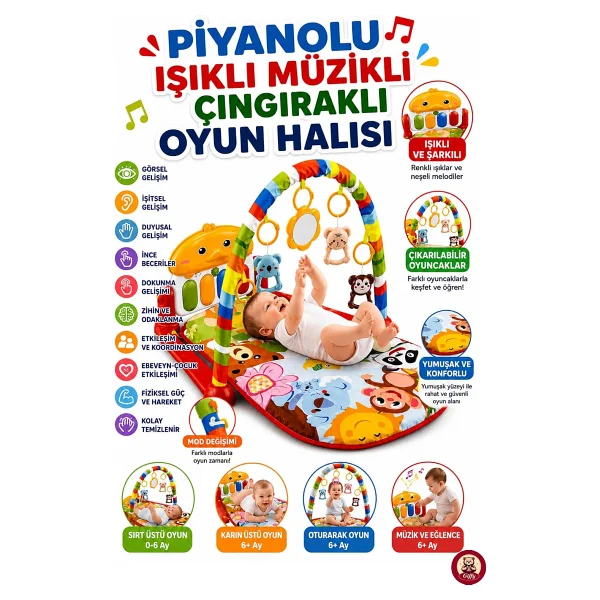 Oyuncak Piyanolu Sesli Işıklı Müzikli Çıngıraklı Bebek Oyun Halısı Aynalı Aktivite Halısı 0-6 Ay ve 6+ Ay Gelişim Oyuncağı Matlı - Görsel 3