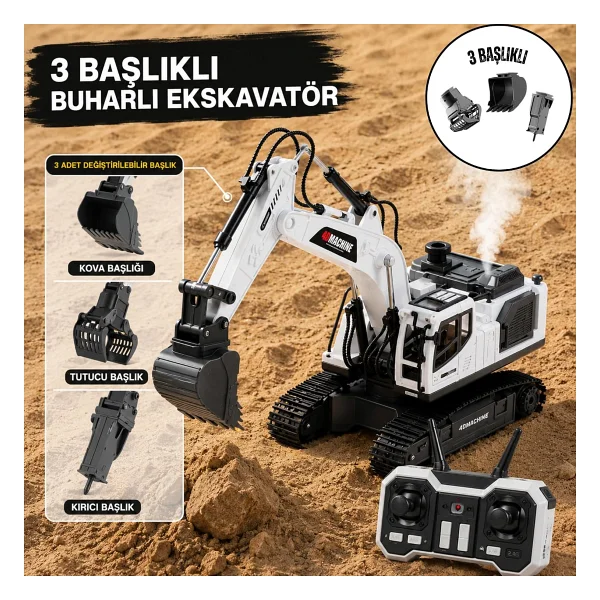 Oyuncak Uzaktan Kumandalı Şarjlı Buharlı Ekskavatör 3 Başlıklı LED Işıklı Sesli 360° Dönen Paletli İş Makinesi - Görsel 2