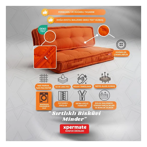XPERMATE Bisküvi Minder Petek Önü Palet Üstü Minderi Fransız Minder Bank ve Bahçe Minderi 60X120x14 cm (KİREMİT) - Görsel 4