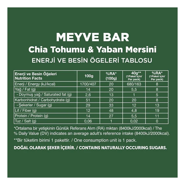 Fellas Chia ve Yaban Mersinli Meyve Bar 12x40 gr - Görsel 2