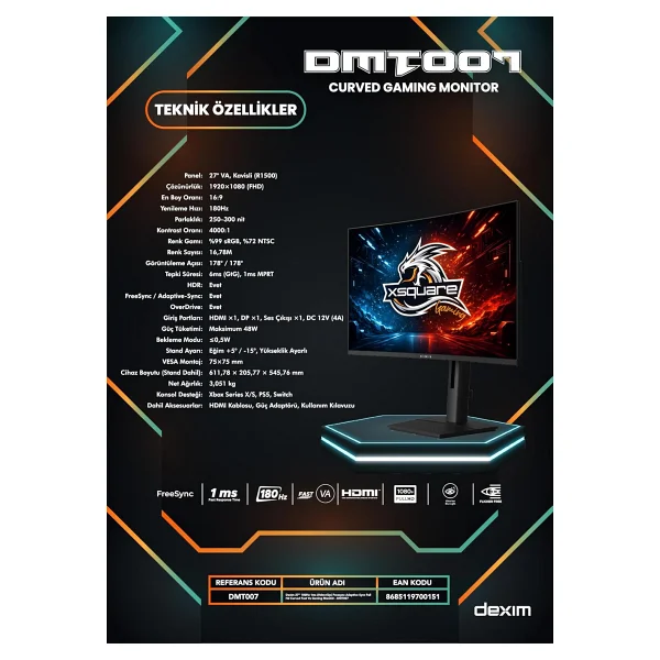 Dexim K27SG DMT007 27" 1 ms Full HD Curved 180 Hz Oyuncu Monitörü - Görsel 9