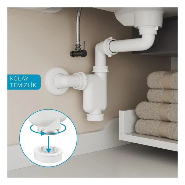 Aqua Bagno Comfort Yer Kazandıran Lavabo Sifonu ve Süzgeç - 2 Parça, Kolay Temizlenir, Ayarlanabilir Koku Önleyici Gider Borulu - 32 mm-Süzgeç Dahil - Görsel 2