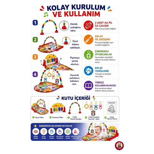 Oyuncak Piyanolu Sesli Işıklı Müzikli Çıngıraklı Bebek Oyun Halısı Aynalı Aktivite Halısı 0-6 Ay ve 6+ Ay Gelişim Oyuncağı Matlı - Görsel 5
