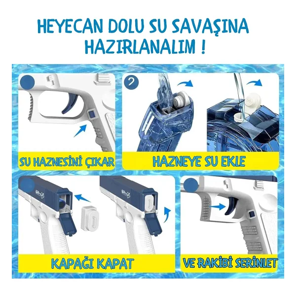 Giffy/Şarjlı Elektrikli Su Tabancası Tam Otomatik 10m Fışkırtma Havuz Deniz Açık Hava Işıklı 300 Ml Kapasiteli 500 mAh Bataryalı - Görsel 5