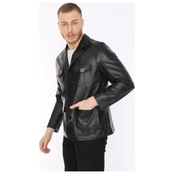 Derimont Deri Erkek Deri Ceket Siyah Blazer Cepli - Görsel 7