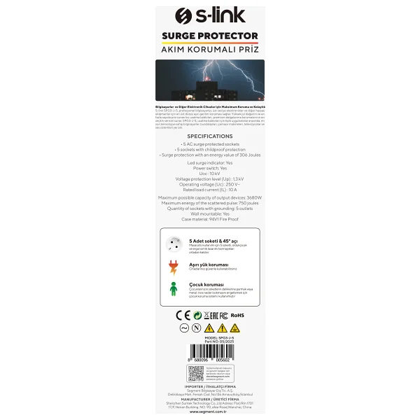S-link SPG3-J-5 306 Joule Anahtarlı 1.5 m 5'li Akım Korumalı Priz - Görsel 7