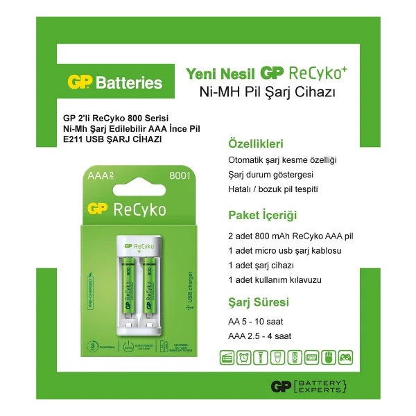 GP E211 Usb Pil Şarj Cihazı + 800 mAh AAA 2'li Şarjlı İnce Kalem Pil - Görsel 4
