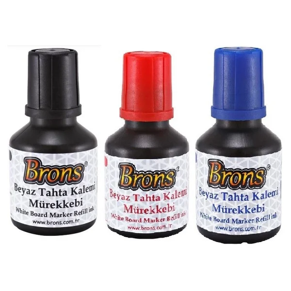 Brons Beyaz Tahta Kalemi Mürekkebi - 3 Adet (Siyah, Mavi, Kırmızı) 30 ml, Canlı Renkler, Kolay Silinen, Desensiz - Görsel 5