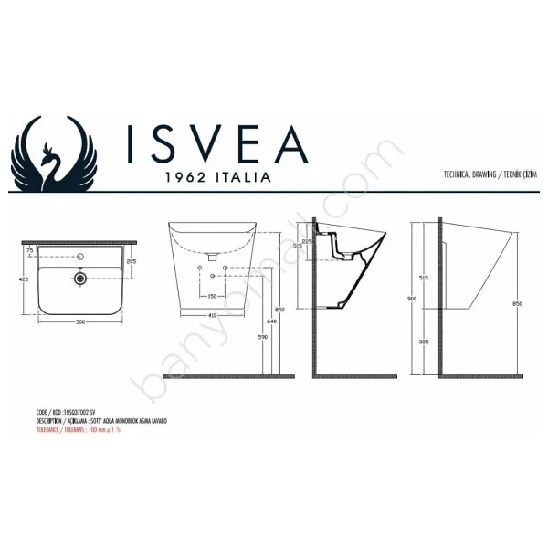 İsvea Sott Aqua 50 cm Asma Fildişi Monoblok Lavabo - Görsel 3