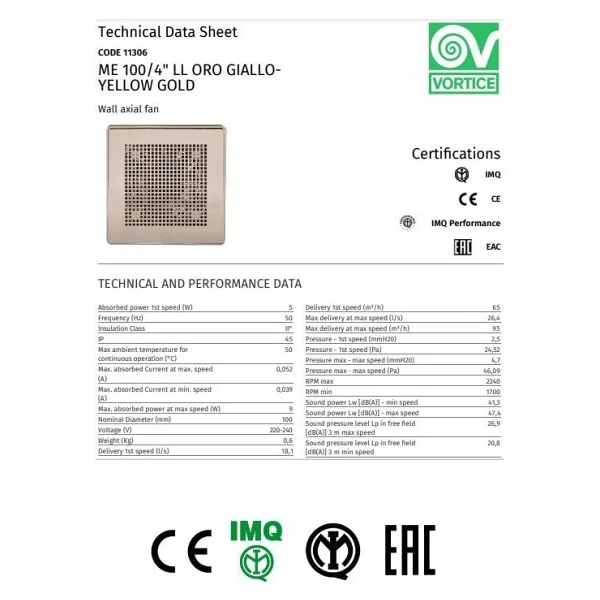 Vortice Düşük Ses Seviyesi 26.9 Db(A) Mimari Uygulama Ideal Tasarım Kesintisiz Çalışma Havalandırma Fanı Banyo Mutfak Salon Oda Agmair Agm Punto Evo Gold Gıallo Dekoratif - Görsel 5