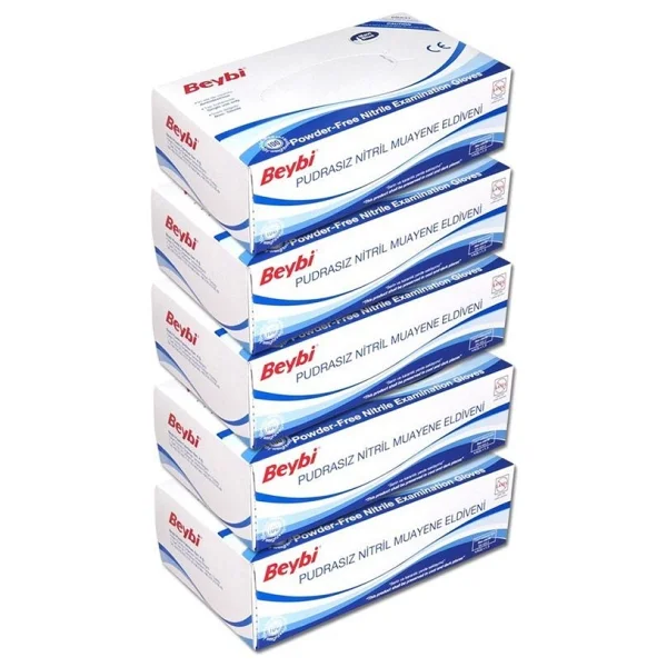 Beybi Pudrasız Mavi Nitril Muayene Eldiveni - 100'lük Kutu Large (L-Beden) (5 Paket) - Görsel 2