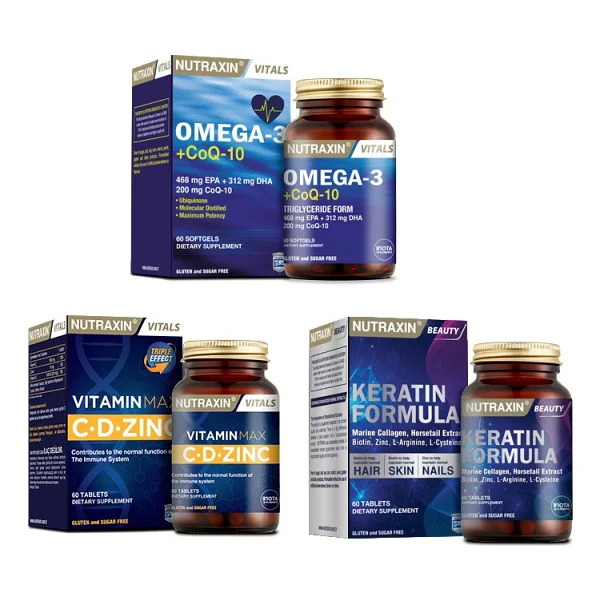 Nutraxin Omega 3 +Coq-10 (Koenzim) 60 Kapsül+Vitamin Max (C,d,zinc) 60 Tablet+Saç ve Tırnaklar Için Keratin - Görsel 2