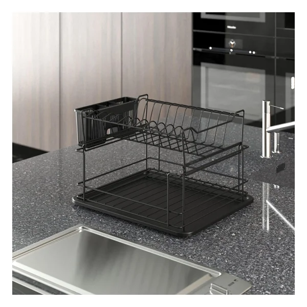 Tekno-tel 2 Katlı Modüler Bulaşık Kurutma Sepeti Mat Siyah Metal Tabaklık KB010 - Görsel 2