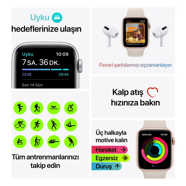 Apple Watch SE GPS 40mm Gümüş Rengi Alüminyum Kasa ve Mavi Spor Kordon Akıllı Saat - Görsel 7