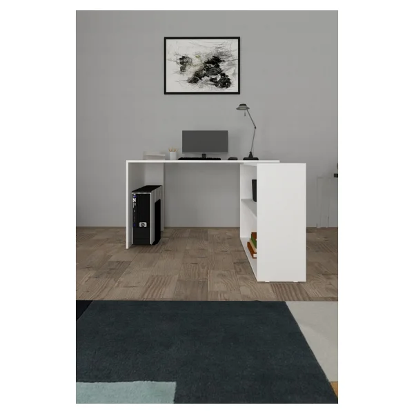 L Çalışma Masası 145CM Bilgisayar Masası Dolaplı Kitaplıklı - 145 x 90 x 75 cm - Beyaz - Görsel 6