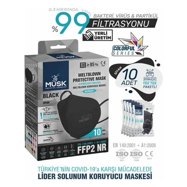 Musk Black FFP2 NR N95 5 Katlı Meltblown Siyah 10'lu Ultrasonik Koruyucu Maske - Görsel 6