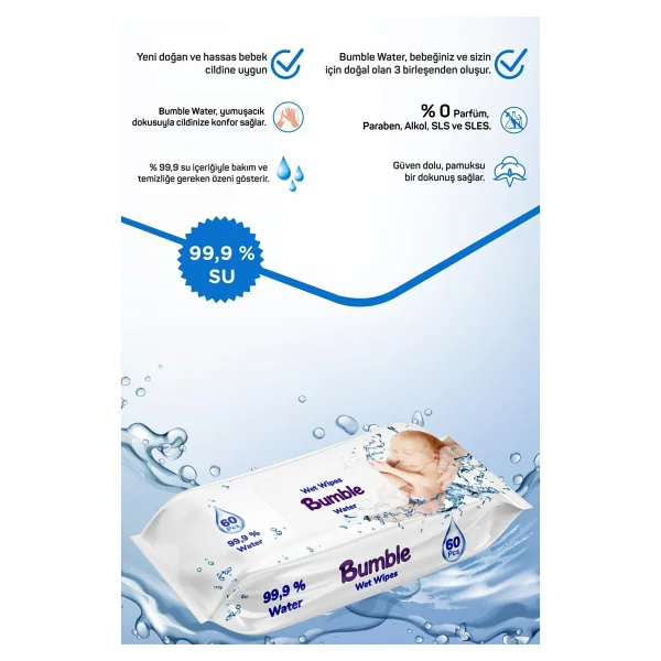 Bumble Water 60 Yaprak 12'li Paket Islak Mendil - Görsel 4