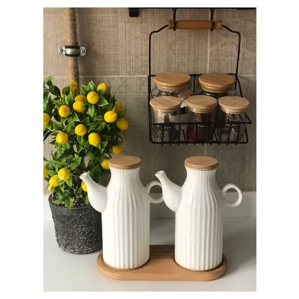 Kitchen Pembelia Ahşap Standlı 2ADET 1 Lt Porselen Yağdanlık Set((3'lu Yağdanlık Set) - Beyaz - Görsel 3